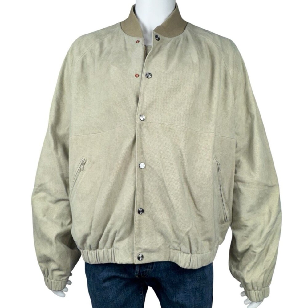 Vayder Manzoni Mens XXL Suede Bomber Jacket Beige Full Zip & Button New 2XL